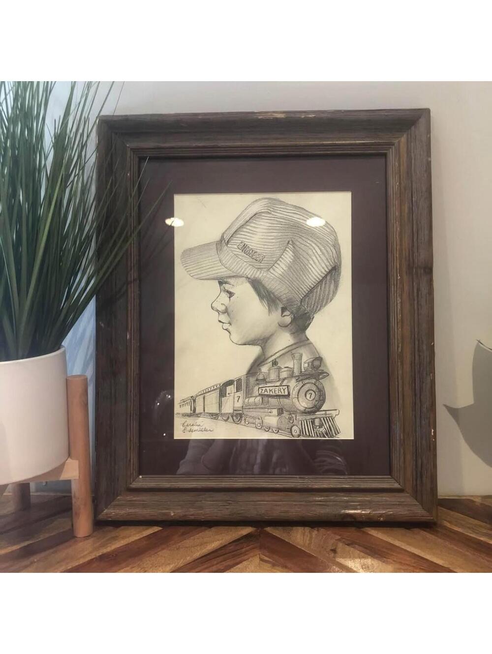 Signed & Framed pencil drawing of train & Boy Engineer